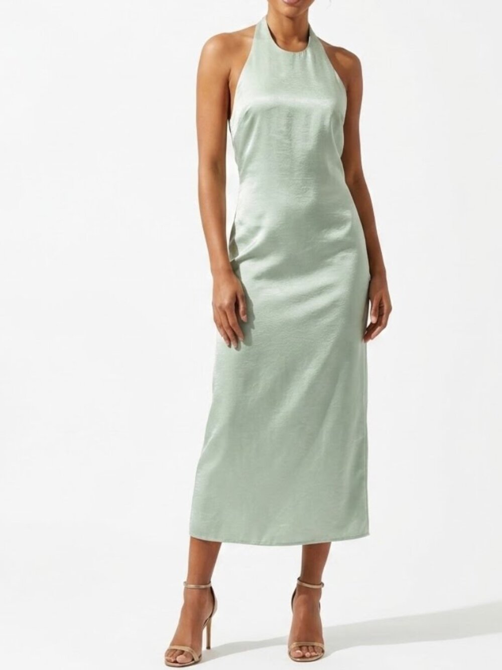 H&M Sage Green Lyocell Halter Maxi Dress Open Back Side Slit Clean Girl Size S - Picture 1 of 16